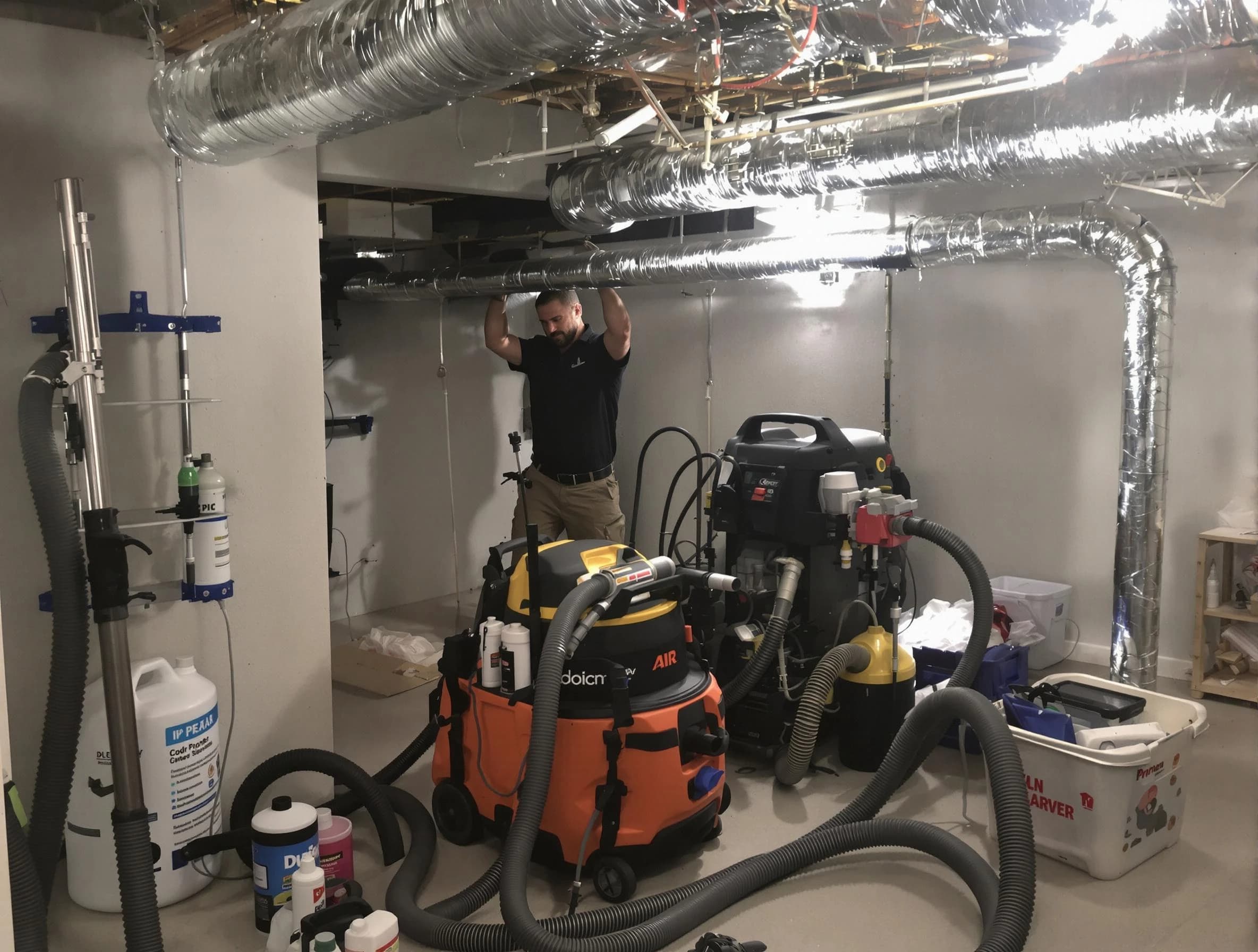 Choctaw Air Duct Cleaning specialist performing professional mold removal from air ducts using safety equipment in Choctaw